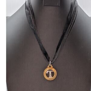 Brighton Silver & Gold Tone 'T' Monogram Pendant Ribbon Cord 18.5"-20" Necklace